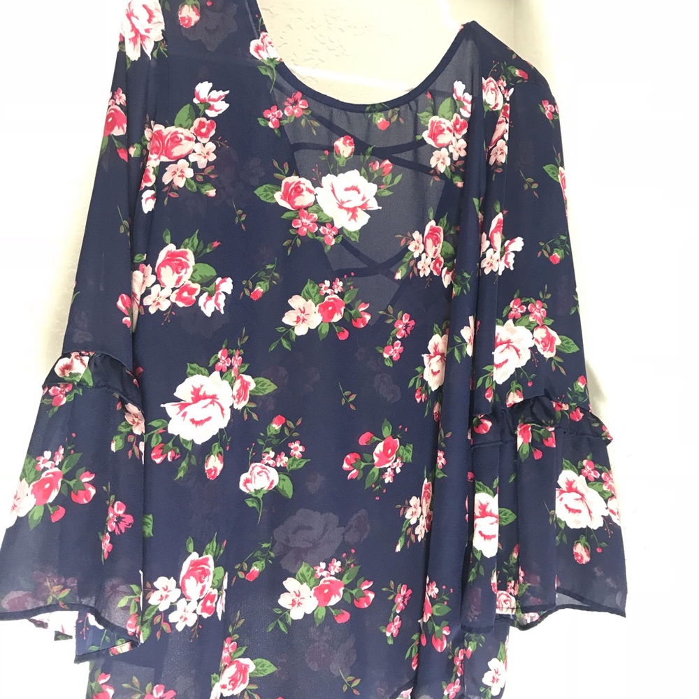 Sheer Floral Top with Bell Sleeves and Cross back
